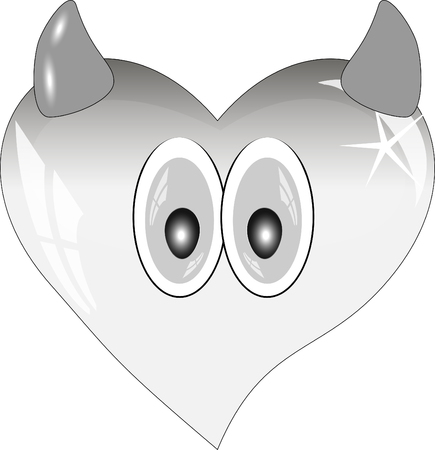Grey heart with reflections on a white background. Grey glass heart with eyes and horns.のイラスト素材