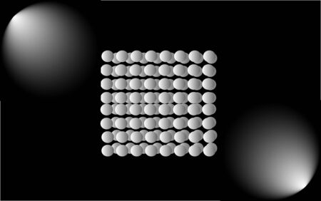 Geometric round shapes on a black background. Round balls hang in the air and illuminated by floodlights.のイラスト素材