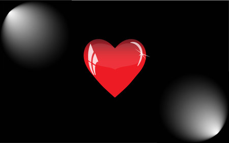 Red heart with reflections on a black background. Red glass heart is illuminated by floodlights.のイラスト素材