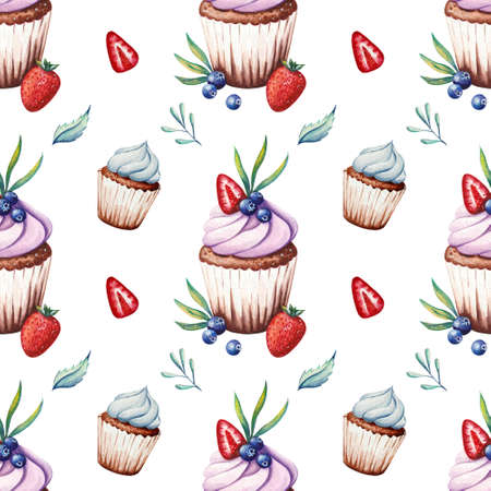 pattern of watercolors cupcakes with strawberry treats. illustrations. Cartoon drawing of sweets. A collection of patterns for desserts. Pink Valentine graphics. Cartoon pastry shop isolated on aの写真素材