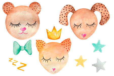 Cute doodle sleeping animals heads set. Collections of sleepy face fox, dog, bear. isolated white backgroundの写真素材