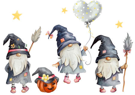 watercolor gnomes halloween. magic. dwarves are witches. pumpkin halloween.の写真素材