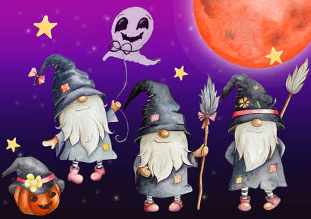 watercolor gnomes halloween. magic. dwarves are witches. pumpkin halloween.の写真素材