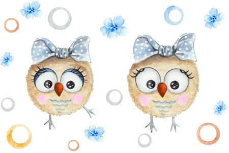watercolor set colorful funny emotions owls. watercolor animal painting. kids background. Hand drawn illustration for kids. Painted backdrop.の写真素材