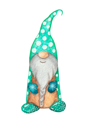 watercolor gnome. Scandinavian gnome. winter character. Turquoise color. white isolated backgroundの写真素材