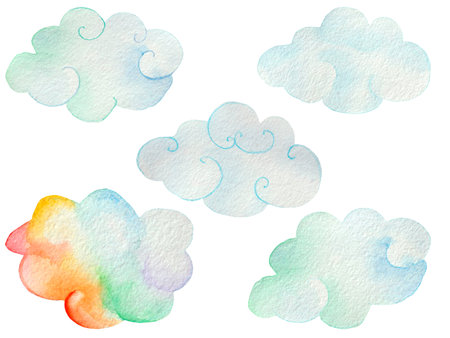 The clouds. Gradient. free space. Watercolor splashes and streaks. Blue. green. multicoloured. Clipart On a white isolated backgroundの写真素材