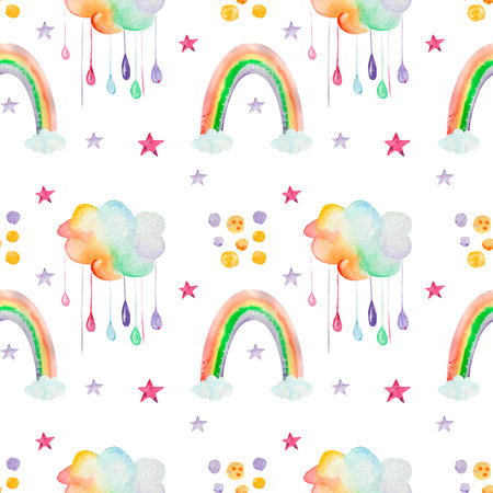 The clouds. Gradient. free space. Watercolor splashes and streaks. Colored drops. Rainbow. Rain. stars. Bright children's print. blue. green. multicoloured. Pattern On a white isolの写真素材
