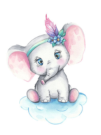 Cute watercolor baby elephants on a white background. Drawing in the nursery. Elephant on a cloud. Feathers and flowers on the animal's headの写真素材