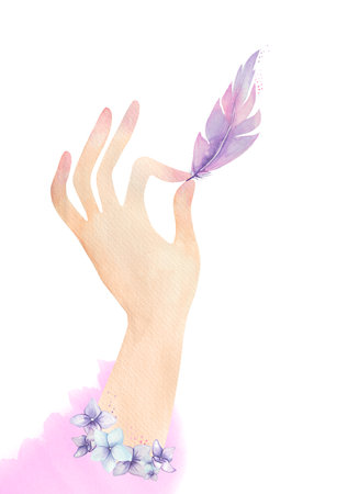 Watercolor clipart hand with a pen on a white isolated background. The hand holds the bird's feather. Pink, Purple. A bracelet of flowers on the wrist. the feather holds with youの写真素材