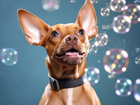 Portrait of a cute chihuahua dog with soap bubblesの素材