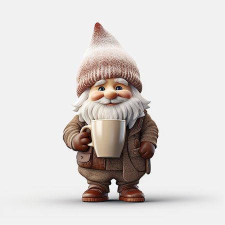 Garden gnome with a mug of hot drink isolated on white backgroundの素材