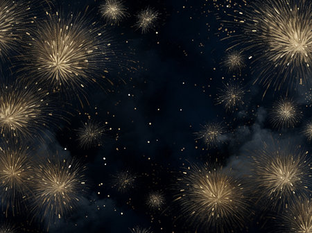 Fireworks background with space for text on dark sky. Vector illustrationの素材