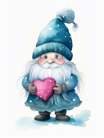 Watercolor illustration of a Santa Claus with a heart in his handsの素材