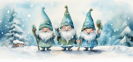 Watercolor illustration of three funny gnomes in the winter forest.の素材