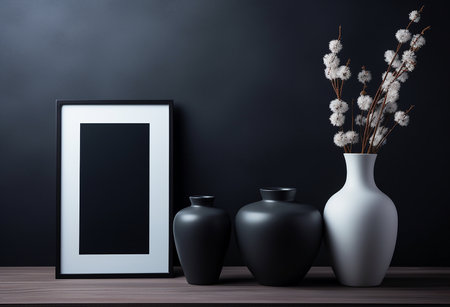 Black and white photo frame mockup in modern interior with vase and flowers. 3D renderingの素材