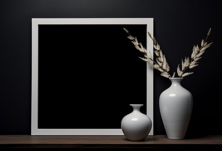 Empty blackboard with vase and dried flowers. 3d renderingの素材