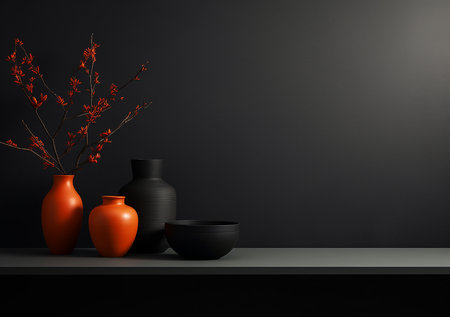 3d render of vase and vase on black shelf against black wallの素材