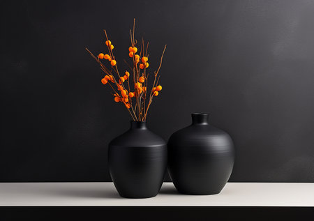 Black vases with orange berries on a shelf against a black wallの素材