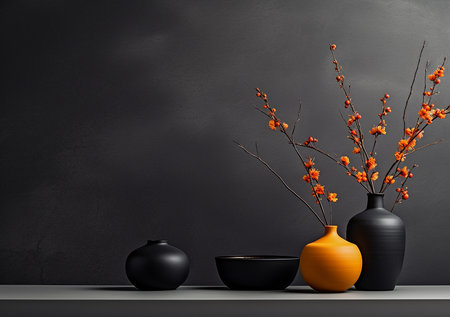 Black and orange vases with blooming branches on black background.の素材