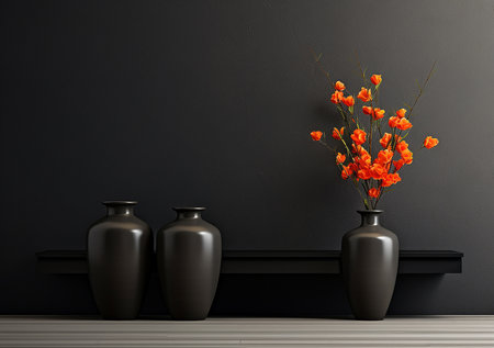 Black vases with orange flowers on black wall background, 3d renderの素材