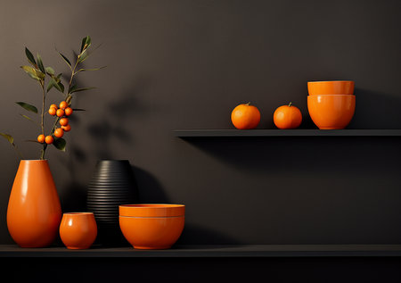 3d render of interior with black shelf, orange vases and rowan berriesの素材