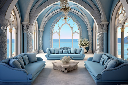 3D render of a classic blue living room with sea view.の素材
