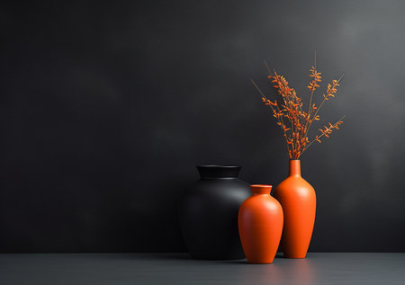 Black and orange vases on black background. 3D rendering.の素材