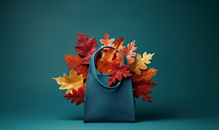 Black bag with autumn leaves on blue background. 3d illustration.の素材