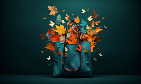 Autumn leaves in stylish bag on dark background. 3d renderingの素材