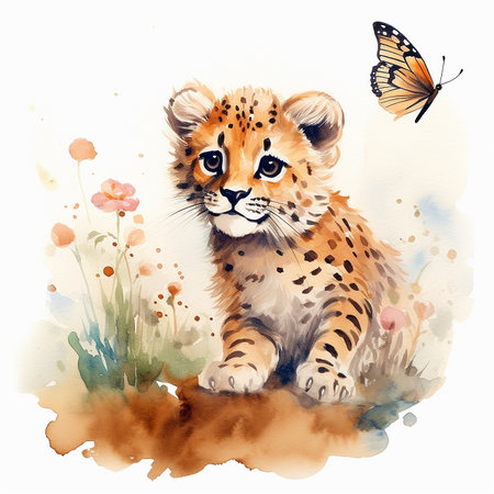 Hand drawn watercolor illustration of a cheetah cub sitting in the grass with a butterflyの素材