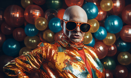 Portrait of a brutal bald man in a bright suit and sunglasses.の素材