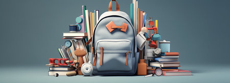 Back to school concept with backpack, books and stationery on gray backgroundの素材