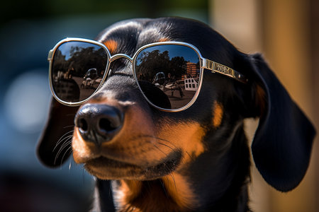 Portrait of a beautiful dachshund dog wearing sunglasses.の素材