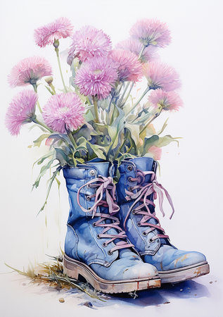 Watercolor painting of a pair of blue boots with pink flowers.の素材