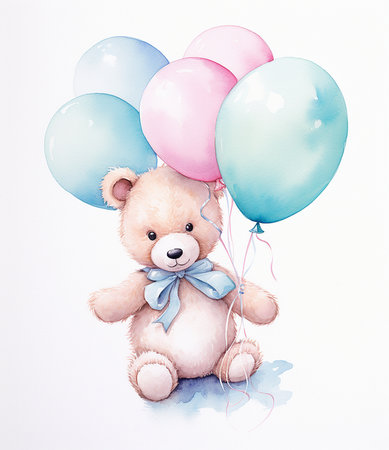 Teddy bear with colorful balloons isolated on white background. watercolor illustration.の素材