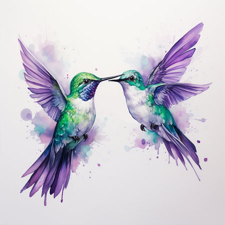 Two hummingbirds in love. watercolor painting on white background.の素材