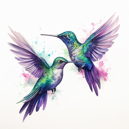 Hummingbird with wings and watercolor splashes, hand drawn illustrationの素材