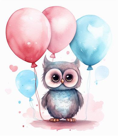 Cute cartoon owl with balloons. watercolor illustration on white background.の素材