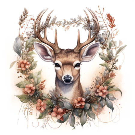 Watercolor illustration of a cute deer in a wreath of flowersの素材
