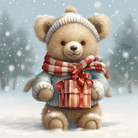 Teddy bear in winter clothes with gift box on snowy background.の素材