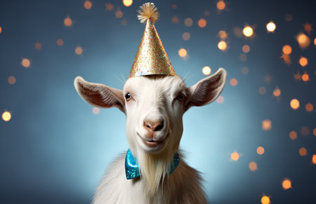 Portrait of funny goat with party hat on bokeh backgroundの素材