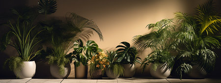 3D rendering of a beautiful interior design with tropical plants in potsの素材