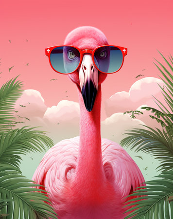 Flamingo with sunglasses and palm leaves on pink sky background.の素材