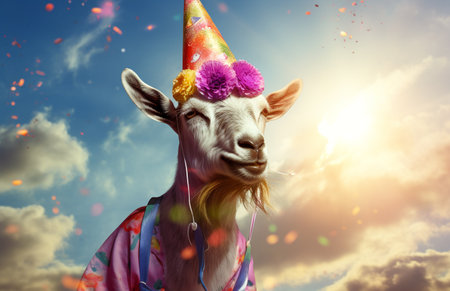 Funny goat with party hat and colorful confetti on sky backgroundの素材