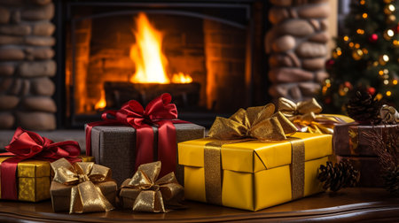Christmas presents in front of fireplace in a cozy living room at homeの素材