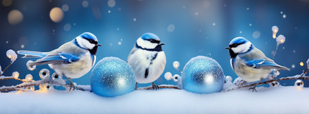 Blue christmas background with blue and white christmas balls and birds.の素材