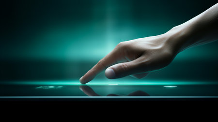 Close up of human hand touching tablet pc with green light on screenの素材