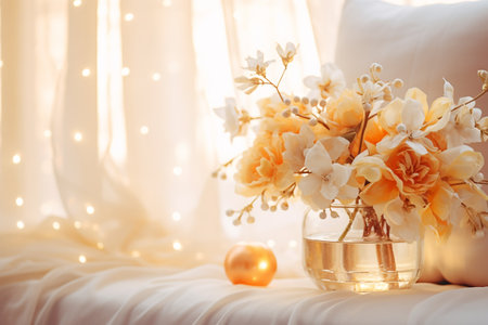 Bouquet of yellow flowers in a glass vase on the bed with a white pillow.の素材