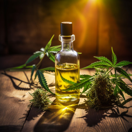Cannabis oil in a glass bottle with cannabis leaves on wooden backgroundの素材