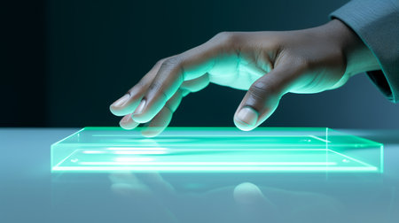 Close up of human hand pushing on a touch screen interface. 3D renderingの素材